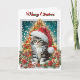 Cartão De Festividades Cute Kitten Meowy Christmas Holiday Card