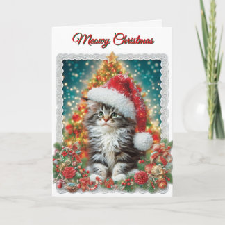 Cartão De Festividades Cute Kitten Meowy Christmas Holiday Card