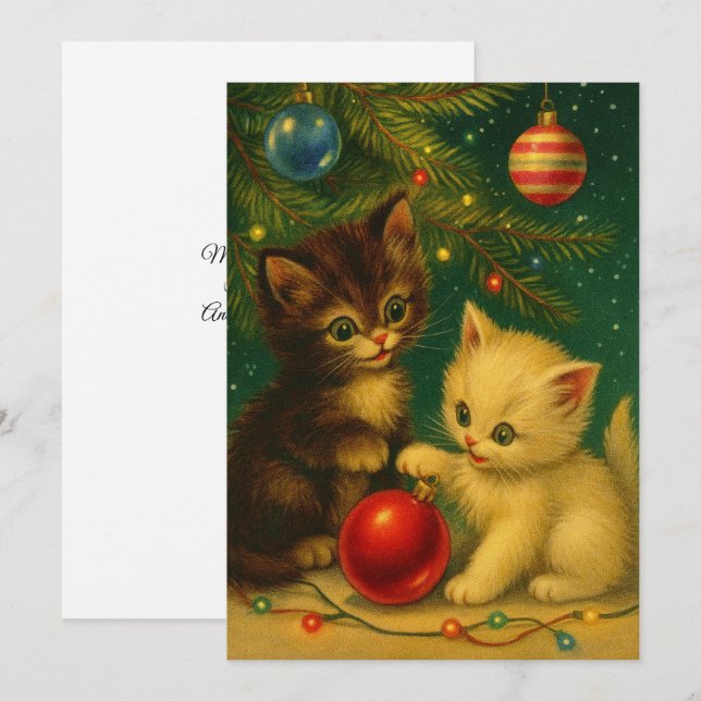 Cartão De Festividades Cute Kittens Under Christmas Tree Retro (Frente/Verso)