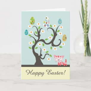 Cartão De Festividades Cute Kitty Cat with Egg Tree Happy Easter Card