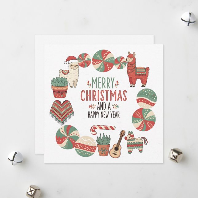 Cartão De Festividades Cute Llama and Poncho Andean Christmas Card (Frente/Verso In Situ)