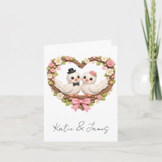 Cartão De Festividades Cute Love Birds in Heart-Shaped Floral Wreath