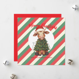 Cartão De Festividades Cute merry Cow Christmas tree calf ox Xmas plaid