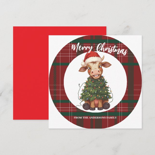 Cartão De Festividades Cute merry Cow Christmas tree calf ox Xmas plaid (Frente/Verso)