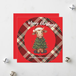 Cartão De Festividades Cute merry Cow Christmas tree calf ox Xmas plaid
