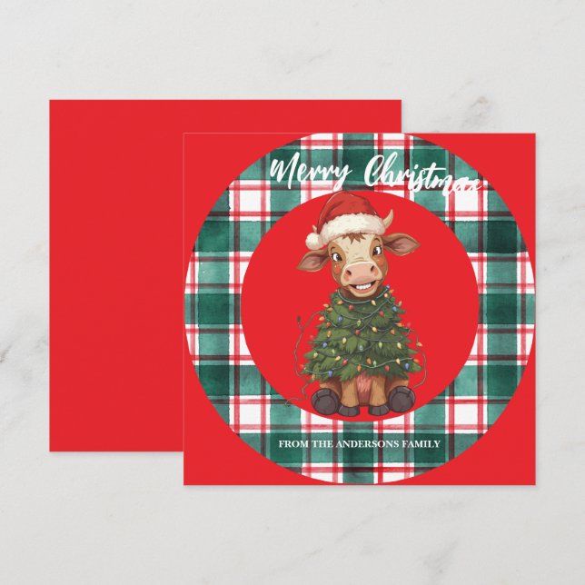 Cartão De Festividades Cute merry Cow Christmas tree calf ox Xmas plaid (Frente/Verso)