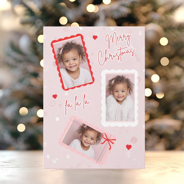 Cartão De Festividades Cute Modern Pink Christmas Photo Card | Fa La La  (Criador carregado)