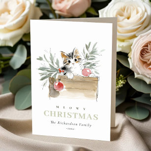 Cartão De Festividades Cute Modern Watercolor Meowy Caixa de Natal Gato