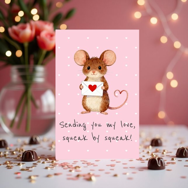 Cartão De Festividades Cute Mouse Sending You My Love, Squeak by Squeak (Cute Mouse Valentine Love Card – “Sending You My Love, Squeak by Squeak”)