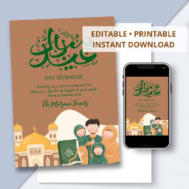 Cartão De Festividades Cute Muslim Family and Mosque Eid Mubarak Card