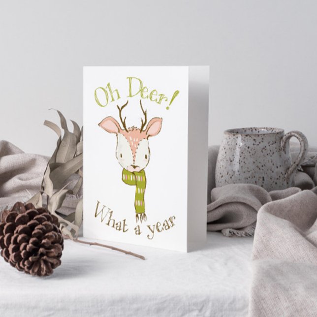 Cartão De Festividades Cute Oh Deer Que Ano Citação de Natal (Get into the holiday spirit with a heartfelt folded christmas card! 🎅)
