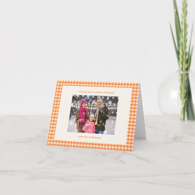 Cartão De Festividades Cute Orange Gingham Plaid Photo Christmas Folded (Frente)