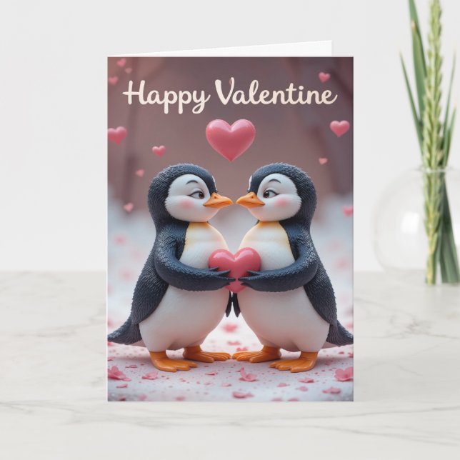 Cartão De Festividades Cute Penguin Valentine Adorable Couple Love  (Frente)