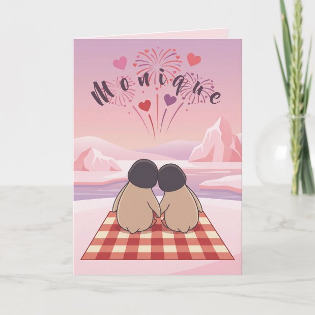Cartão De Festividades Cute Penguin Valentine Picnic Card for Sweethearts (Frente)