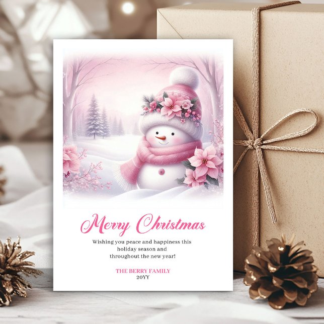 Cartão De Festividades Cute pink snowman Christmas greeting card for kids (Cute pink snowman Christmas greeting card for kids digital)
