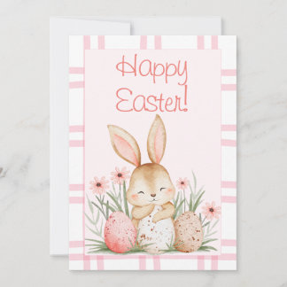 Cartão De Festividades Cute Pink Watercolor Bunny and Easter Eggs