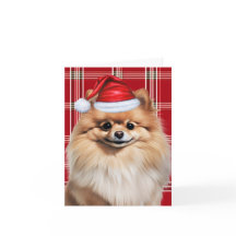 Cute Pomeranian Santa Dog Red White Plaid
