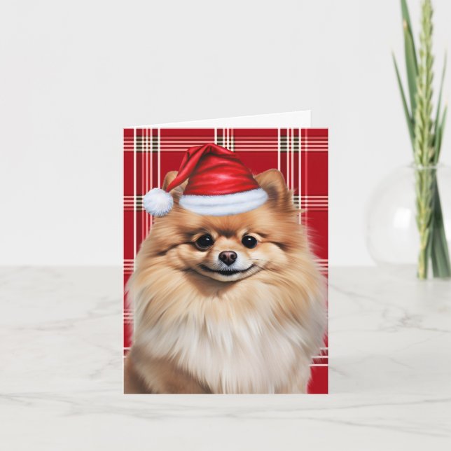 Cartão De Festividades Cute Pomeranian Santa Dog Red White Plaid (Frente)