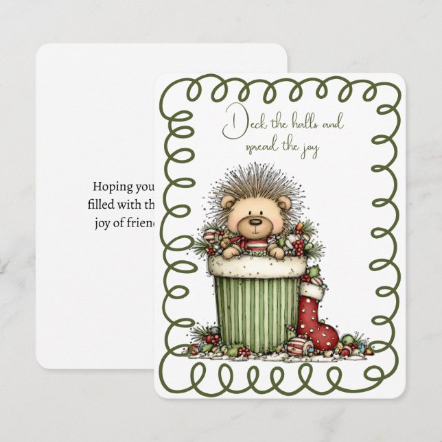 Cartão De Festividades Cute Porcupine In a Box of Decorations (Frente/Verso)