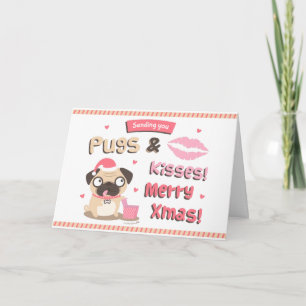 Cartão De Festividades Cute Pugs and Kisses Merry Xmas Greeting Card