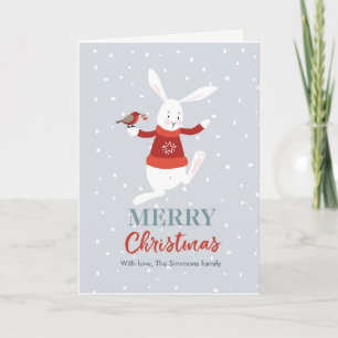 Cartão De Festividades Cute rabbit and bird friends Christmas Card