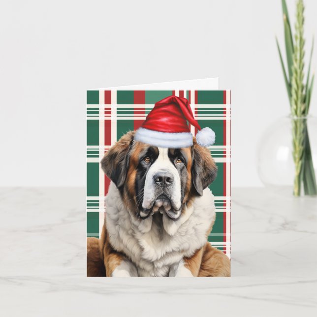 Cartão De Festividades Cute Saint Bernard Santa Dog Plaid Christmas (Frente)