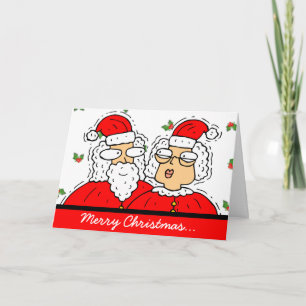 Cartão De Festividades Cute Santa and Mrs. Claus With Holly Christmas