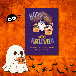 Cartão De Festividades Cute saudação de Halloween com Fantasma e Abóbora