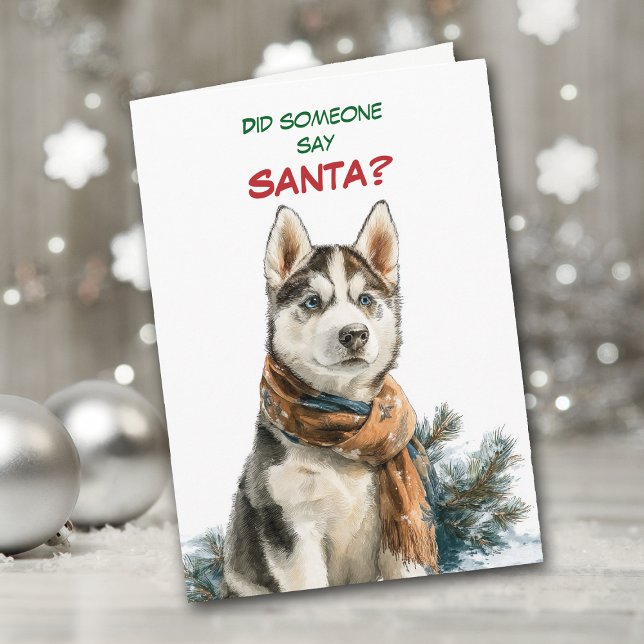 Cartão De Festividades Cute Siberian Husky Dog Looks for Santa (Criador carregado)