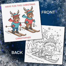 Cartão De Festividades Cute Skiing Christmas Reindeer with Coloring Page