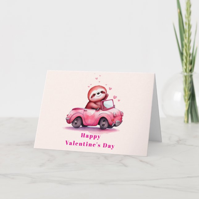 Cartão De Festividades Cute Sloth in a Pink Convertible Valentine's Day (Frente)