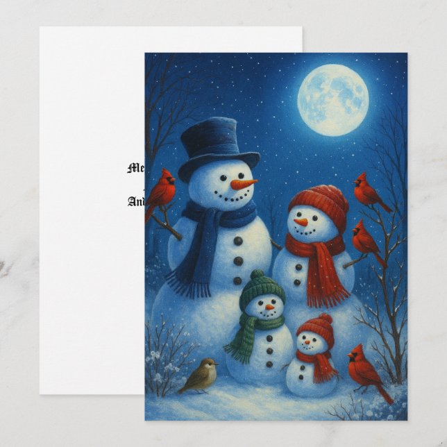Cartão De Festividades Cute Snowman Family In Snowy Moonlit Night (Frente/Verso)
