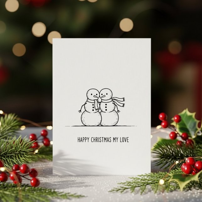 Cartão De Festividades Cute Snowman Kiss Christmas Card for Couples (Criador carregado)