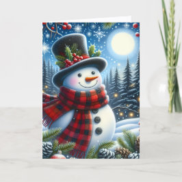 Cartão De Festividades Cute Snowman wearing Plaid Scarf and Top Hat