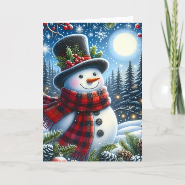 Cartão De Festividades Cute Snowman wearing Plaid Scarf and Top Hat (Frente)