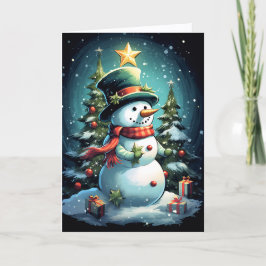 Cartão De Festividades Cute Snowman wearing Plaid Scarf and Top Hat