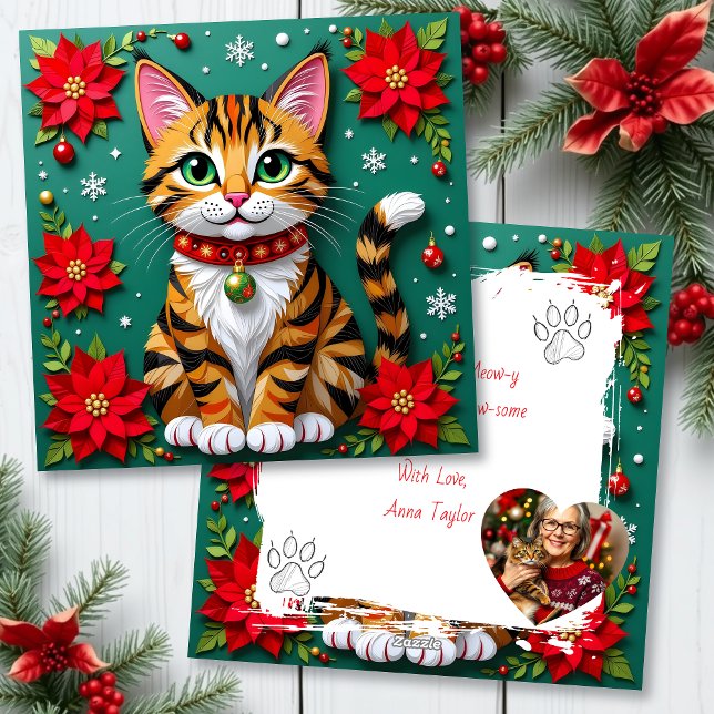Cartão De Festividades Cute Tabby Cat with Poinsettias Custom Christmas (Criador carregado)
