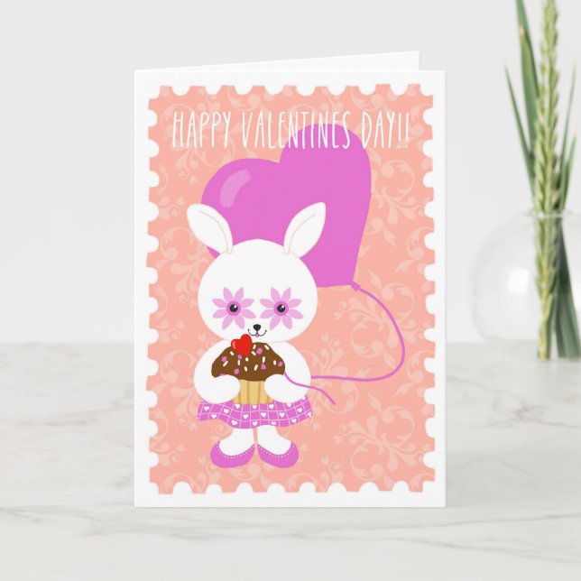 Cartão De Festividades Cute Valentine Bunny with Cupcake Card (Frente)