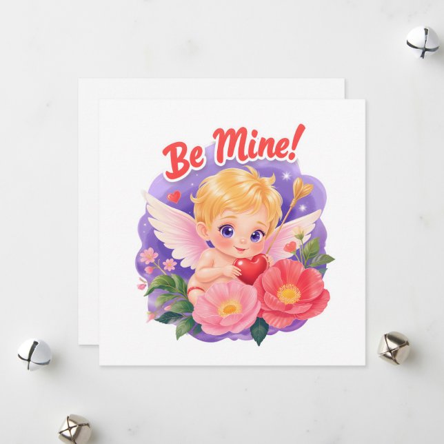 Cartão De Festividades Cute Valentine's Day Cupid with "Be Mine" (Frente/Verso In Situ)