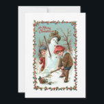 Cartão De Festividades Cute Vintage Children e Snowman<br><div class="desc">Duas crianças vitorianas construindo um boneco de neve com um texto Feliz de Natal e um campo festivo de texto sagrado e editável. A parte traseira apresenta uma borda personalizada com campos de texto editáveis.</div>