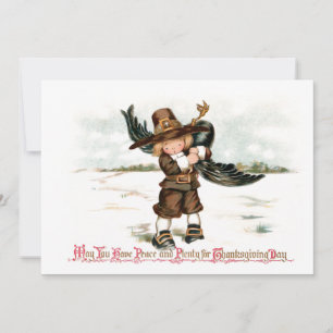 Cartão De Festividades Cute Vintage Pilgrim Boy with Turkey