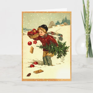 Cartão De Festividades Cute Vintage Victorian Boy Carrying Christmas Tree