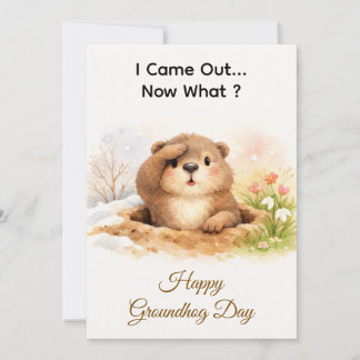 Cartão De Festividades Cute Watercolor Groundhog Popping Out Of Hole
