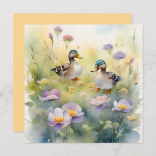 Cartão De Festividades Cute Watercolor Pato N Vazio de Flores Selvagens