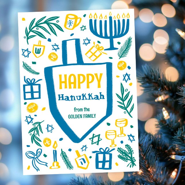 Cartão De Festividades Cute Whimsic Dreidel Menorah CUSTOM HANUKKAH (Whimsical Cute Dreidel Menorah CUSTOM HANUKKAH Holiday Card
)
