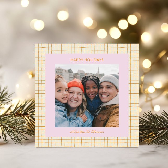 Cartão De Festividades Cute Whimsical Pink Orange Christmas Photo Square (Criador carregado)