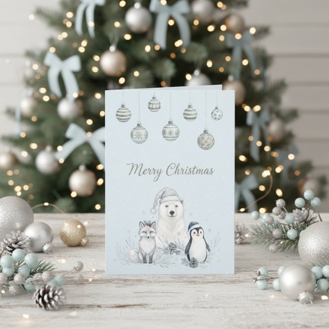 Cartão De Festividades Cute Winter Animals Soft Blue Arctic (Cute Winter Animals Soft Blue Arctic Holiday Card)