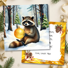 Cartão De Festividades Cute Winter Raccoon with Gold Ornament Christmas