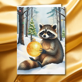 Cartão De Festividades Cute Winter Raccoon with Gold Ornament Christmas