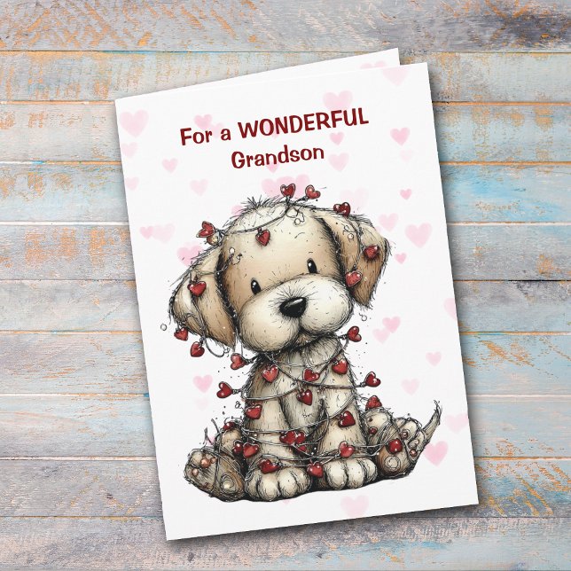Cartão De Festividades Cute Wrapped in Hearts Pup Grandson Valentine Card (Criador carregado)